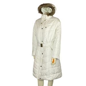 NWT sporto down long coat in white, removable fake fur hood size 2 X